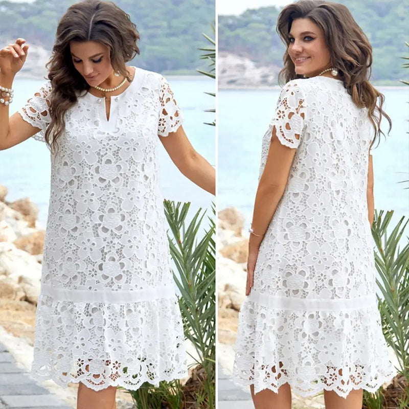 💃2024 NEW Elegant Cutout Flowers White Dress for Plus Size Lady pentagow