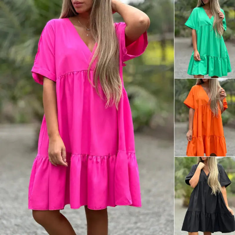 V Neck Ruffle Hem Babydoll Dress pentagow