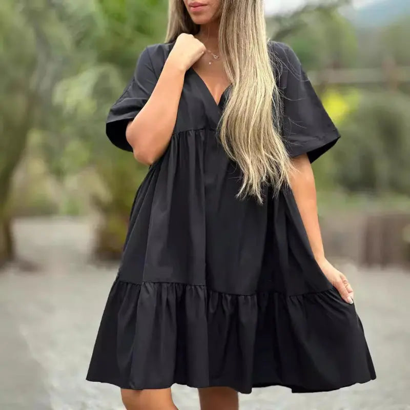 V Neck Ruffle Hem Babydoll Dress pentagow