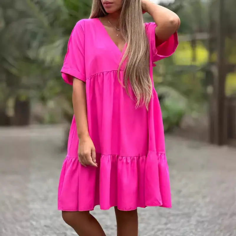 V Neck Ruffle Hem Babydoll Dress pentagow