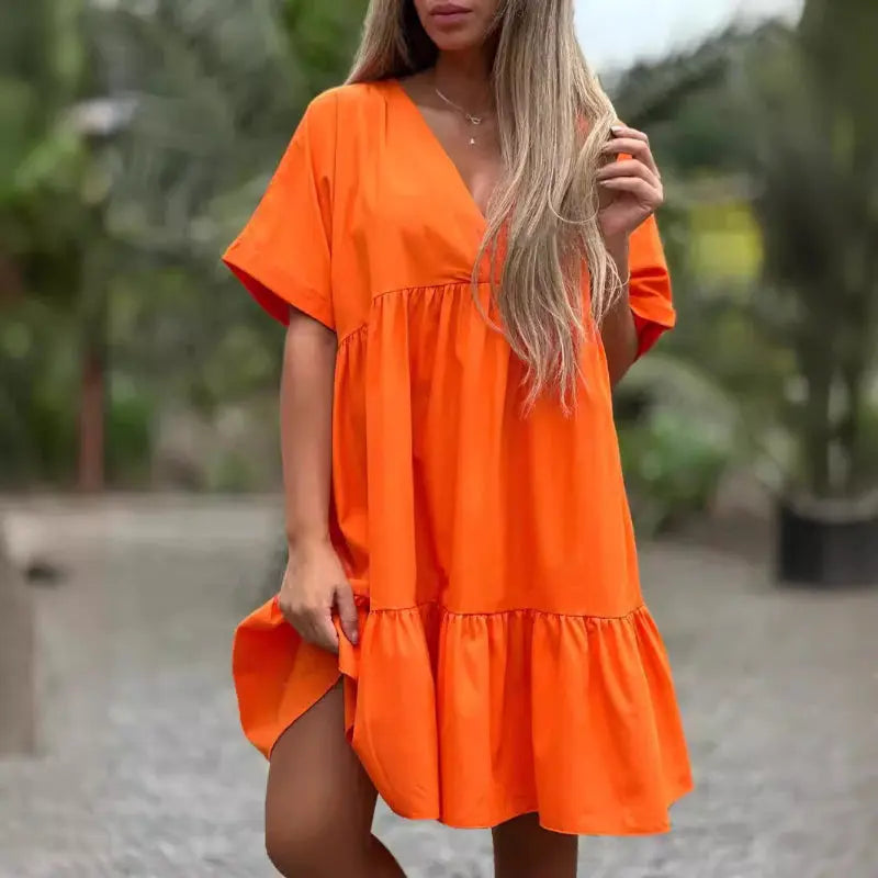 V Neck Ruffle Hem Babydoll Dress pentagow