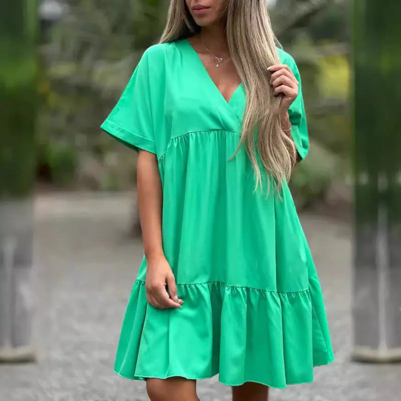 V Neck Ruffle Hem Babydoll Dress pentagow