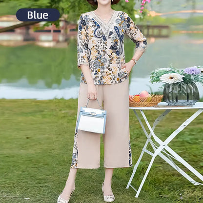 Summer Casual Printed V-Neck Two-Piece Suit pentagow