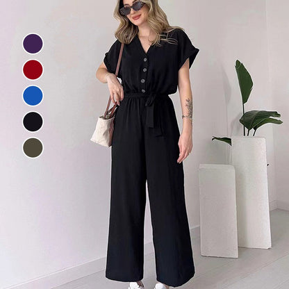 Women's V-Neck Short Sleeve Casual Jumpsuit pentagow