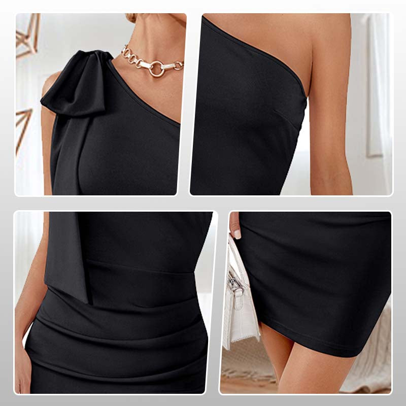 Women's Bow One Shoulder Pleated Bodycon Dress pentagow