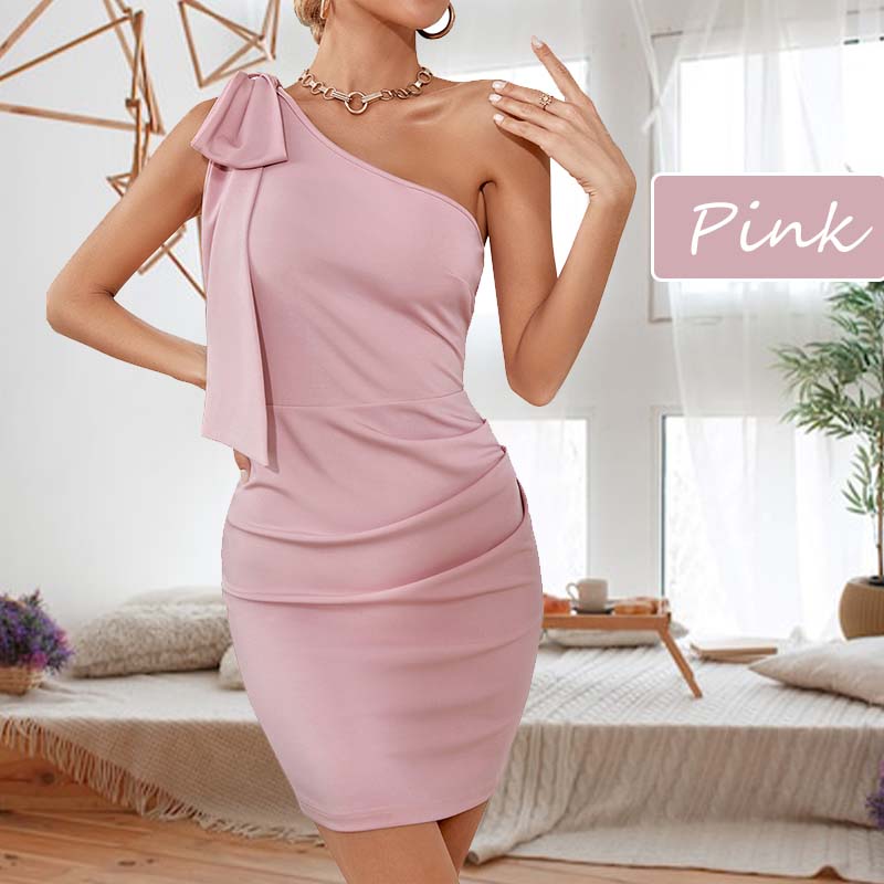 Women's Bow One Shoulder Pleated Bodycon Dress pentagow