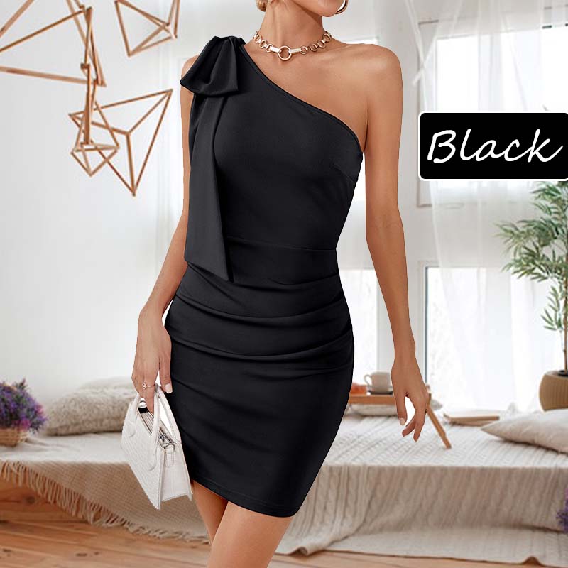 Women's Bow One Shoulder Pleated Bodycon Dress pentagow