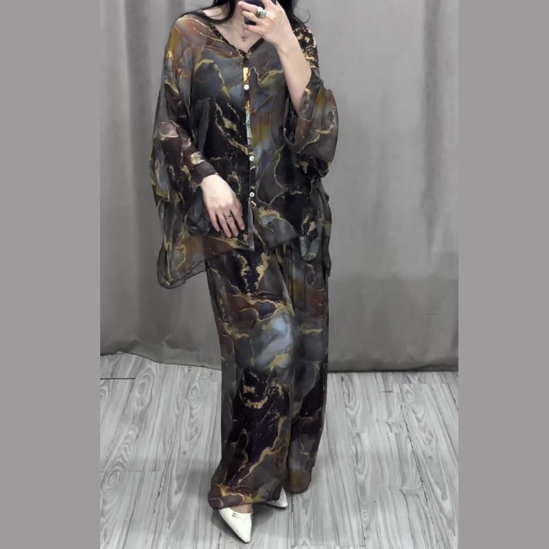 💃Women 2 Piece Outfits Elegant Printed Top Loose Wide Leg Pants pentagow