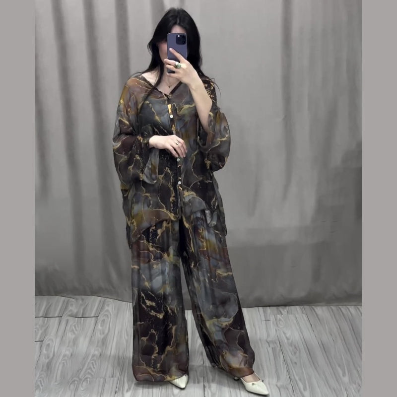 💃Women 2 Piece Outfits Elegant Printed Top Loose Wide Leg Pants pentagow