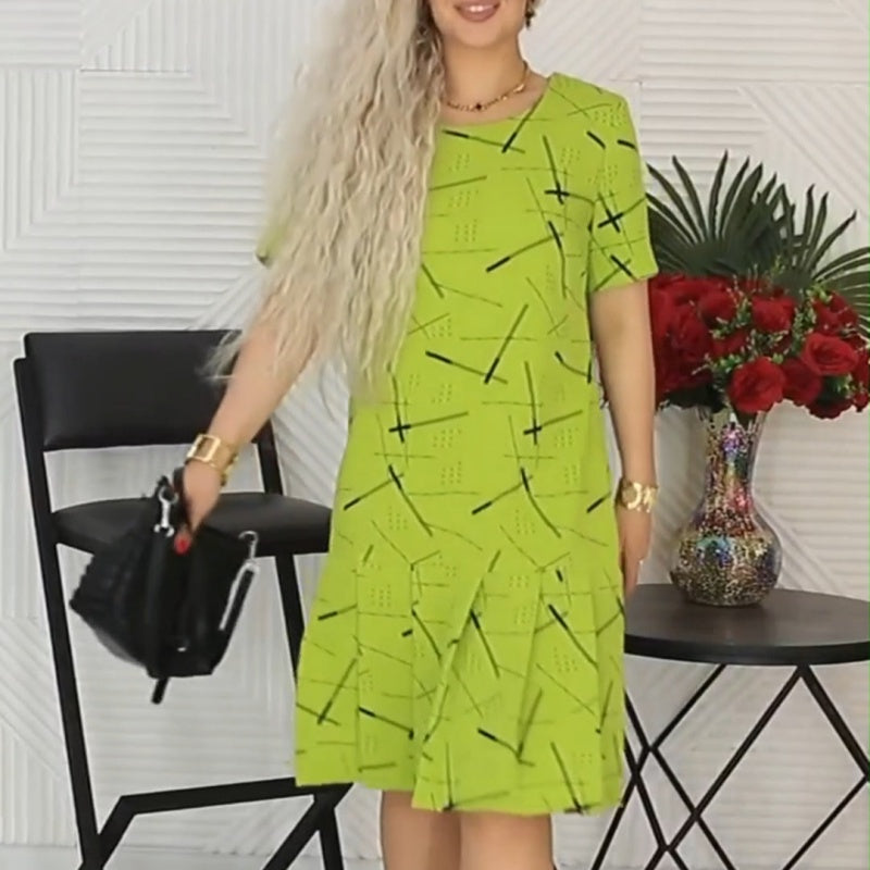 Women’s Trendy Print Loose Fit Short Sleeve Pleated Dress pentagow