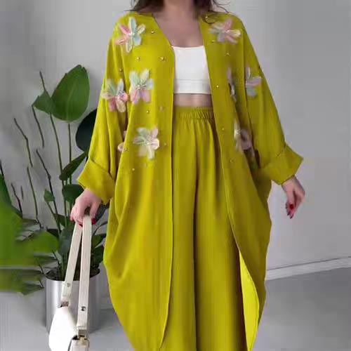 Women’s Casual Delicate Flower Long Cardigan and Pants Set pentagow