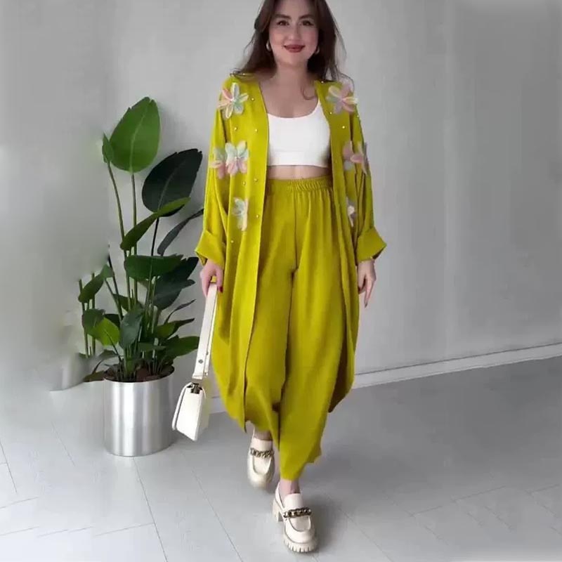 Women’s Casual Delicate Flower Long Cardigan and Pants Set pentagow