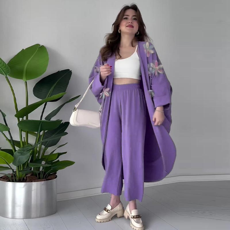 Women’s Casual Delicate Flower Long Cardigan and Pants Set pentagow