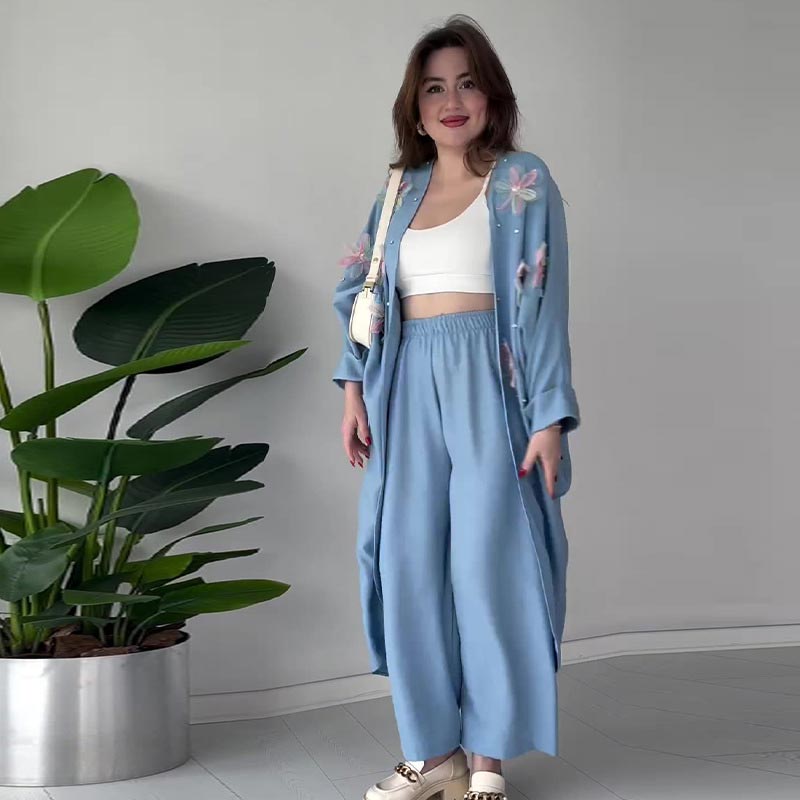 Women’s Casual Delicate Flower Long Cardigan and Pants Set pentagow