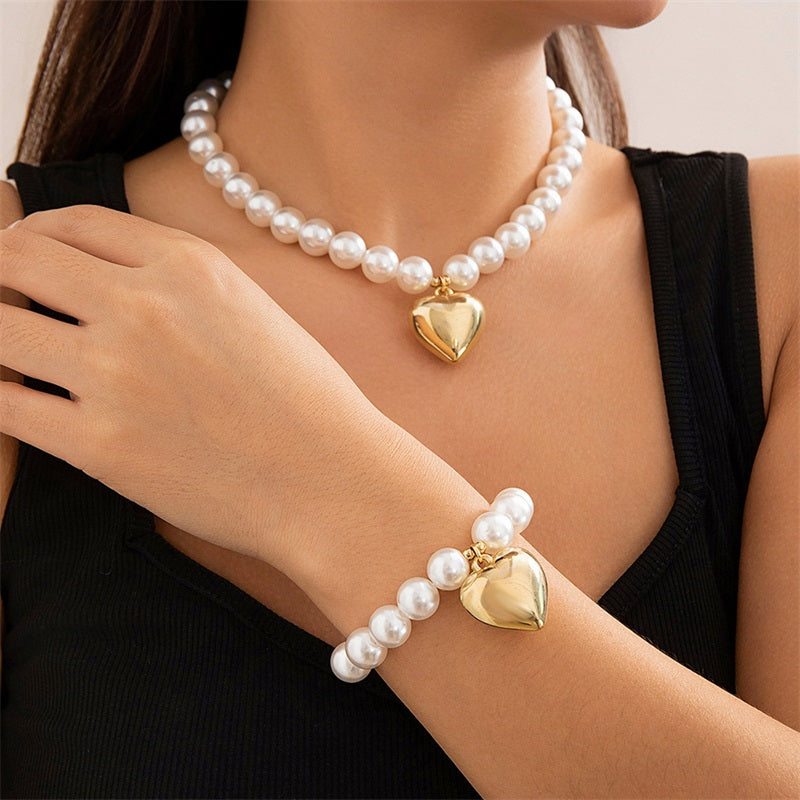 Heart Pendant Beads Chunky Necklace & Bracelet Set pentagow