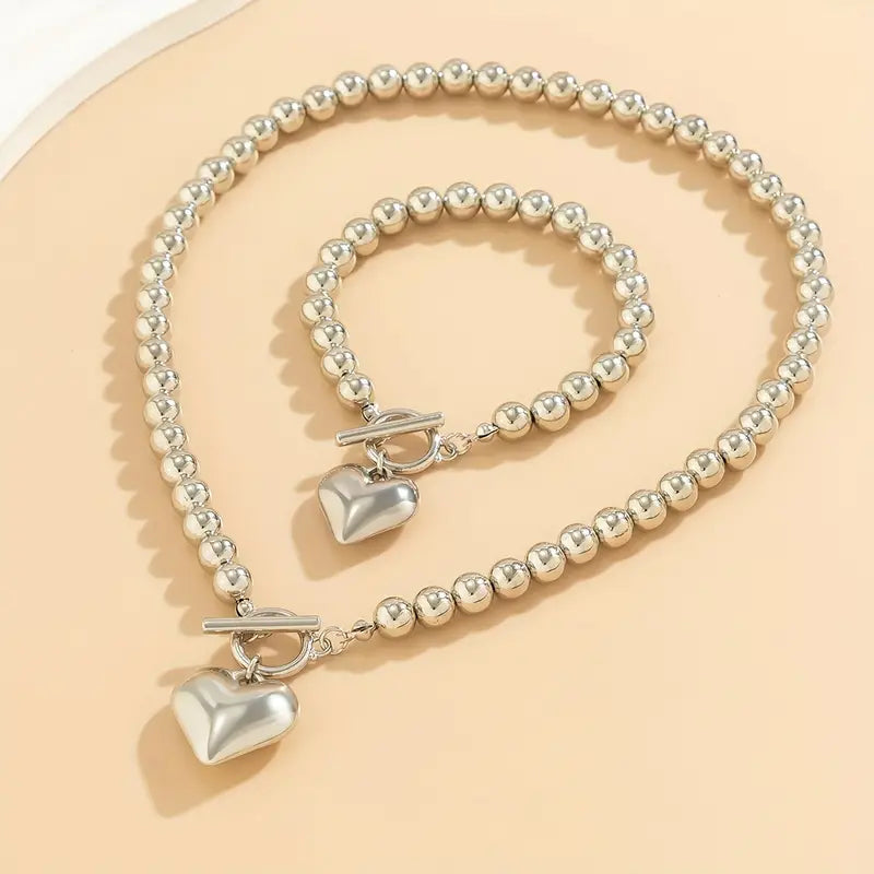 Heart Pendant Beads Chunky Necklace & Bracelet Set pentagow