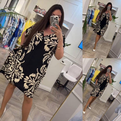 Women’s Casual Printed V-neck Dress with Pocket pentagow