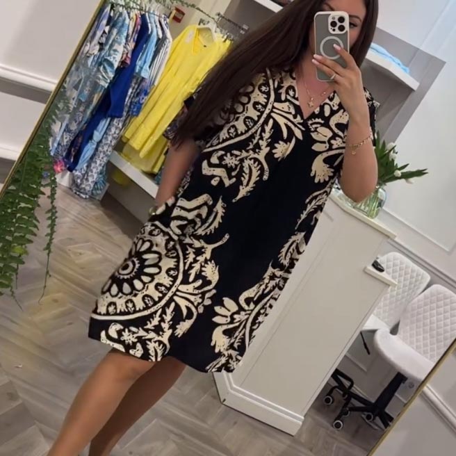 Women’s Casual Printed V-neck Dress with Pocket pentagow