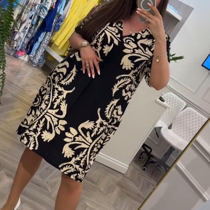 Women’s Casual Printed V-neck Dress with Pocket pentagow