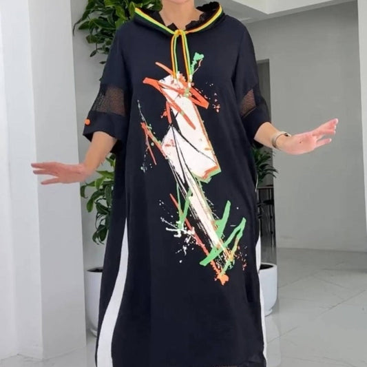 Women's Loose Casual Printed Drawstring Hooded Dress pentagow