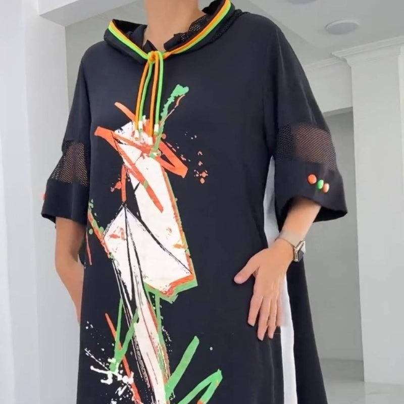 Women's Loose Casual Printed Drawstring Hooded Dress pentagow