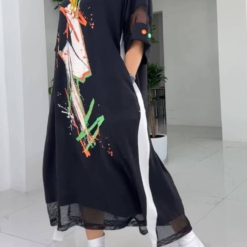 Women's Loose Casual Printed Drawstring Hooded Dress pentagow