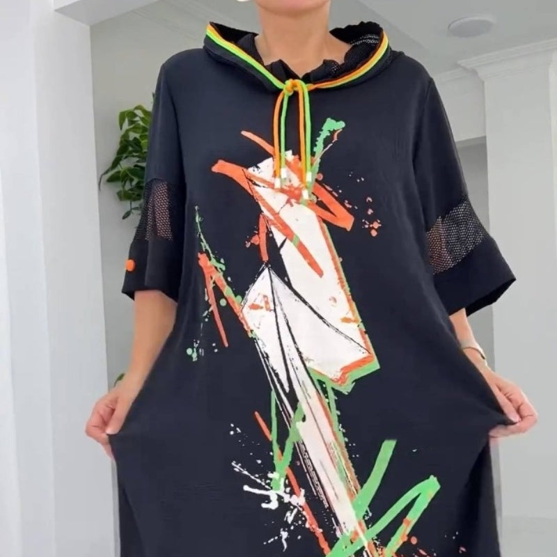 Women's Loose Casual Printed Drawstring Hooded Dress pentagow