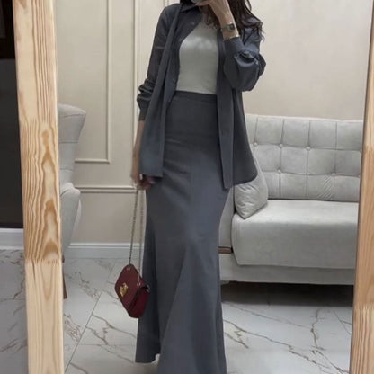 Gray Loose Shirt & Maxi Skirt Two-Piece Suit pentagow