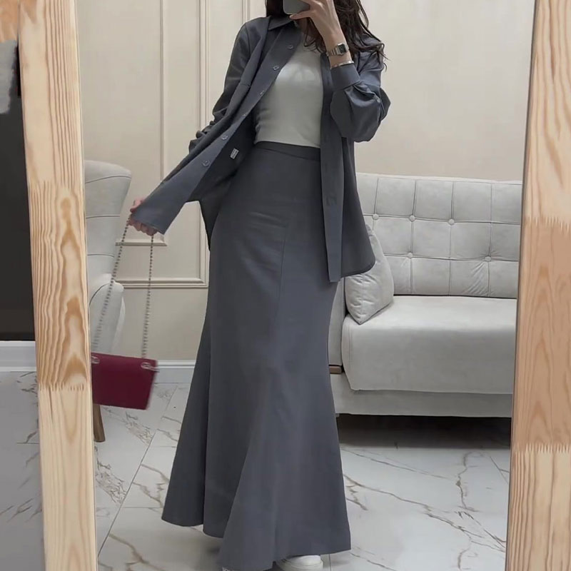 Gray Loose Shirt & Maxi Skirt Two-Piece Suit pentagow