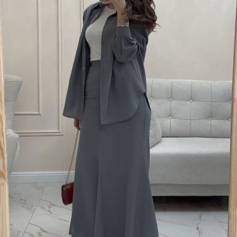 Gray Loose Shirt & Maxi Skirt Two-Piece Suit pentagow