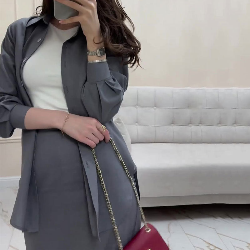 Gray Loose Shirt & Maxi Skirt Two-Piece Suit pentagow