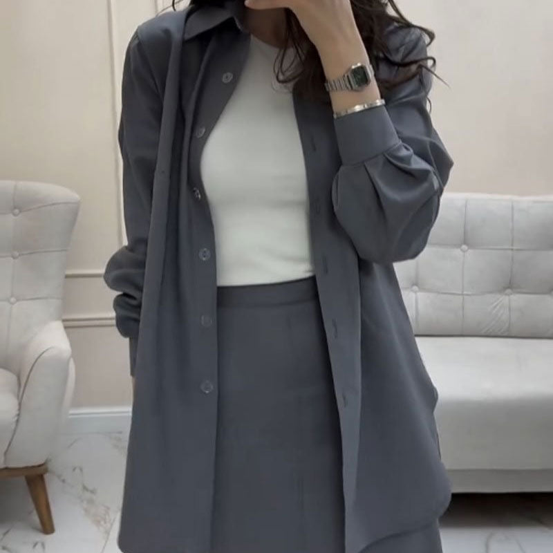 Gray Loose Shirt & Maxi Skirt Two-Piece Suit pentagow