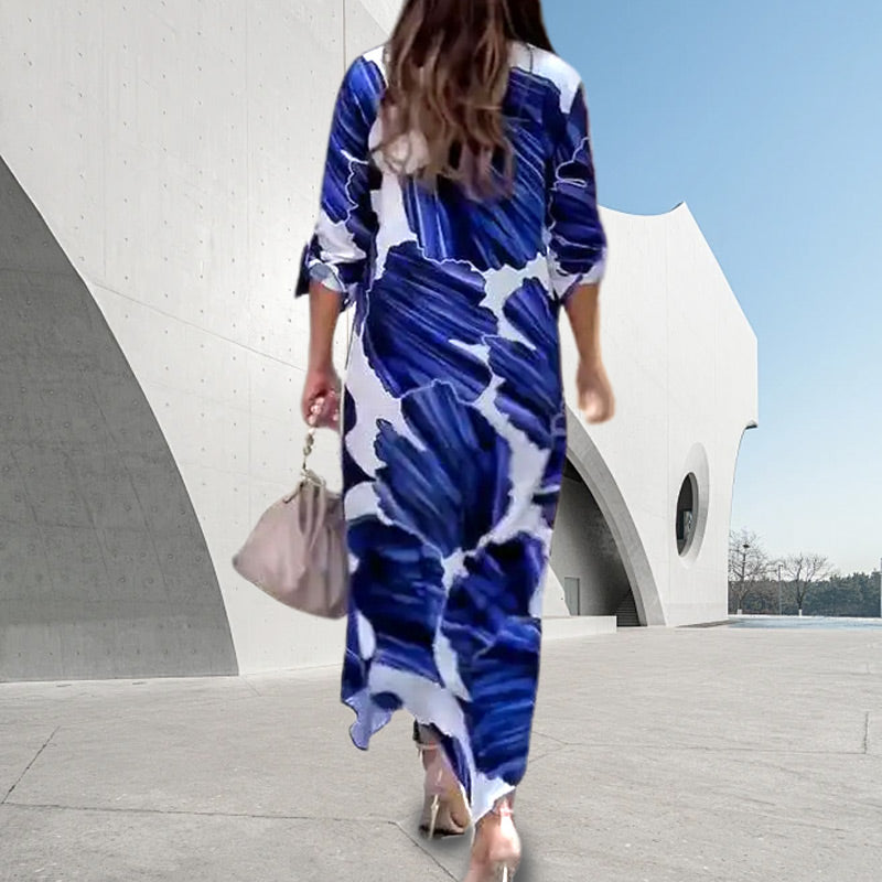 Floral Printed Long Sleeve Maxi Dress with Collar Flip pentagow