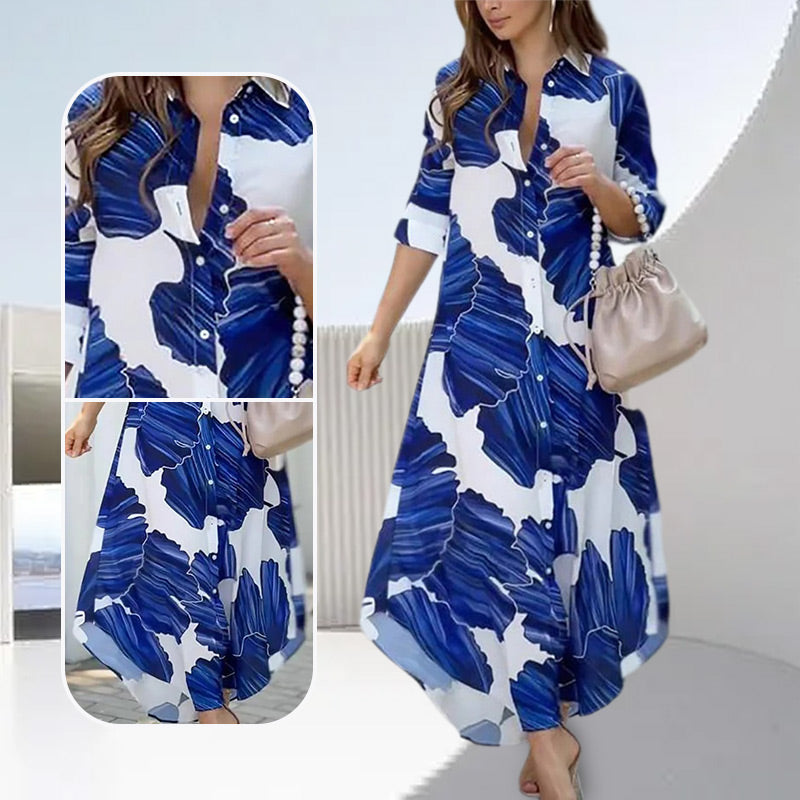 Floral Printed Long Sleeve Maxi Dress with Collar Flip pentagow