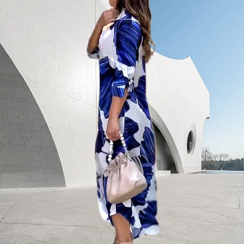 Floral Printed Long Sleeve Maxi Dress with Collar Flip pentagow