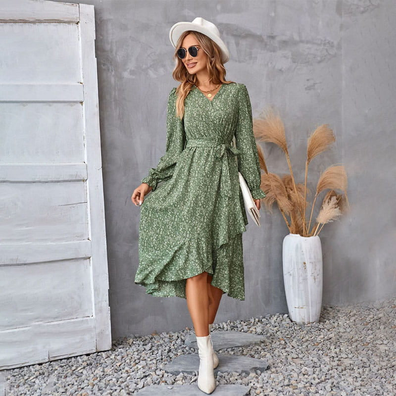 V-Neck Floral Irregular Hem Waist Cinching Dress pentagow