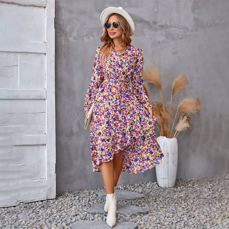 V-Neck Floral Irregular Hem Waist Cinching Dress pentagow