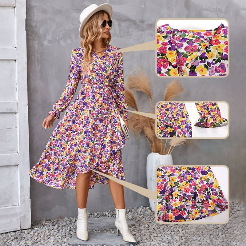 V-Neck Floral Irregular Hem Waist Cinching Dress pentagow