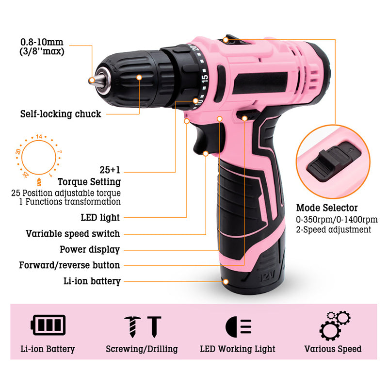 Pink Cordless Drill Driver Set with 25+1 Torque Settings pentagow