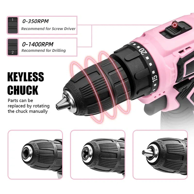 Pink Cordless Drill Driver Set with 25+1 Torque Settings pentagow