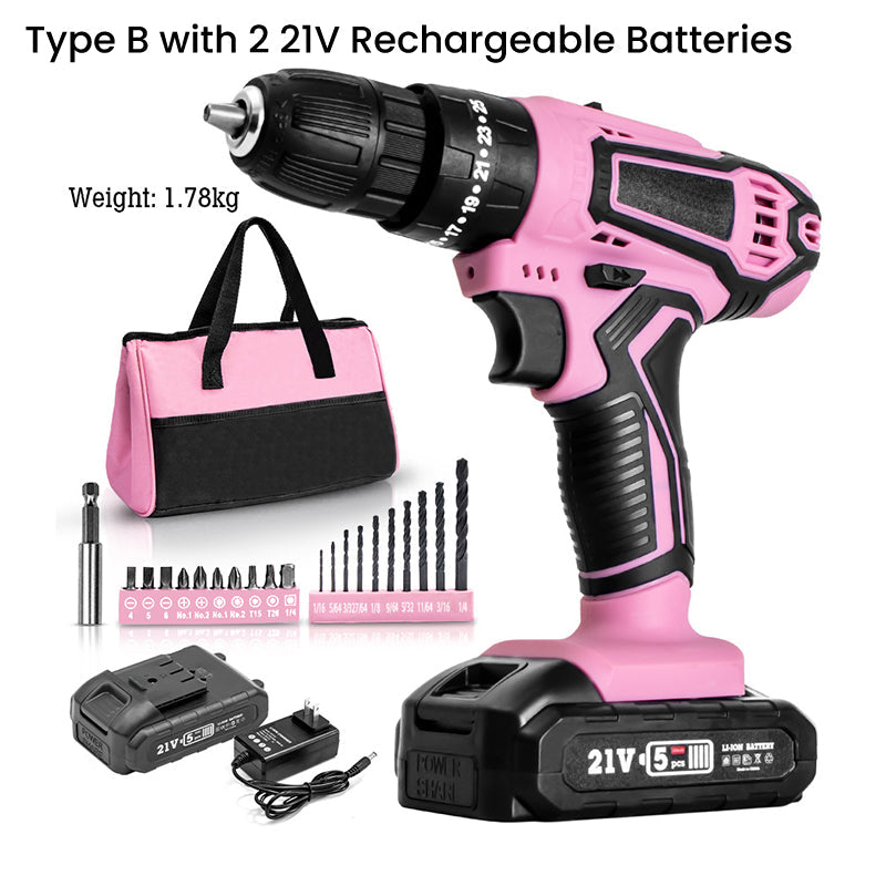 Pink Cordless Drill Driver Set with 25+1 Torque Settings pentagow