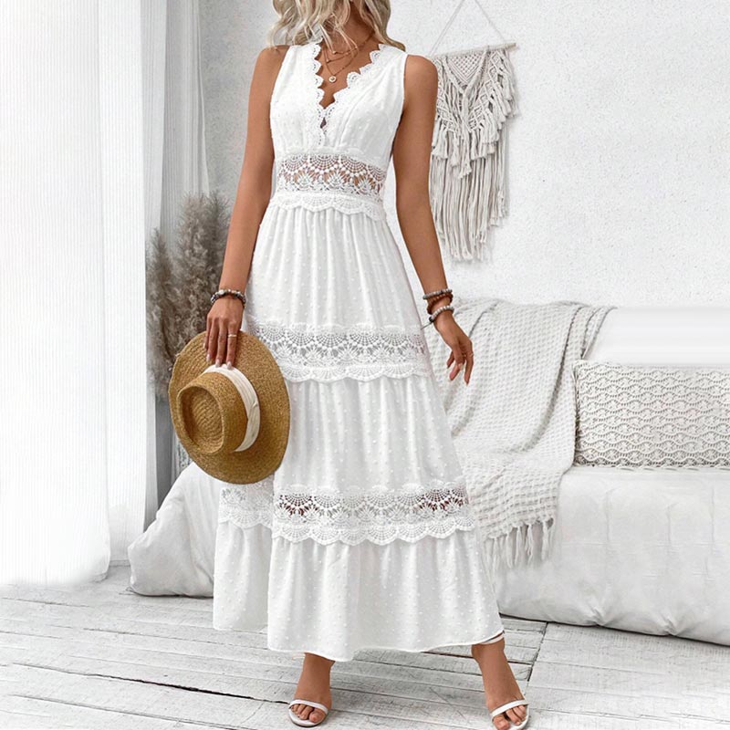 Elegant Sleeveless Lace Trimmed Openwork Layered Dress pentagow