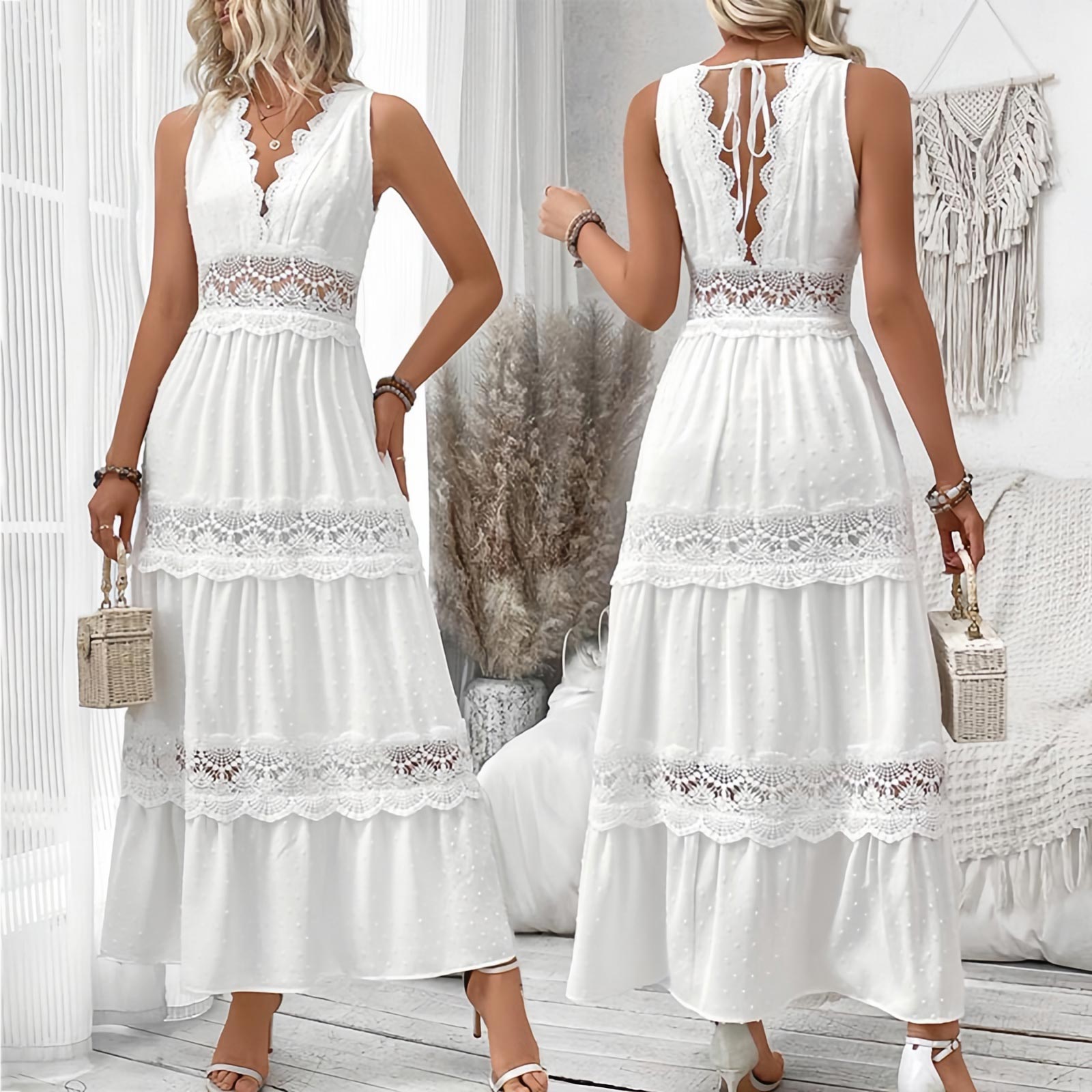 Elegant Sleeveless Lace Trimmed Openwork Layered Dress pentagow