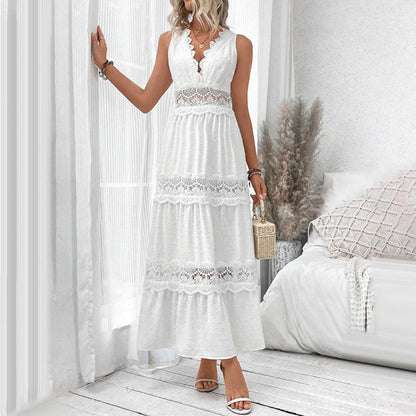 Elegant Sleeveless Lace Trimmed Openwork Layered Dress pentagow