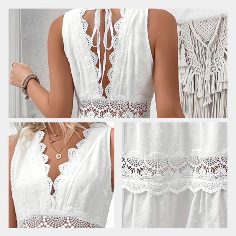 Elegant Sleeveless Lace Trimmed Openwork Layered Dress pentagow