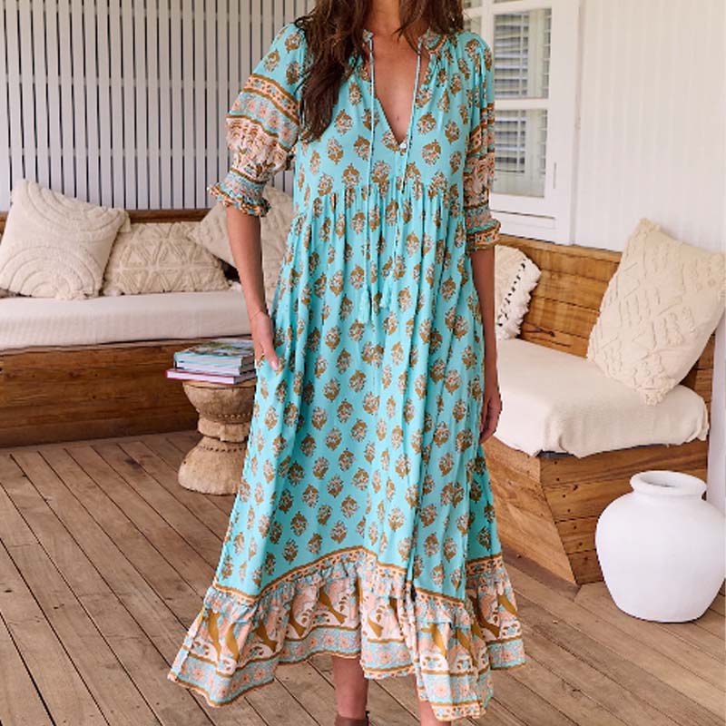 Boho Floral V Neck High Waist A-Line Swing Dress pentagow