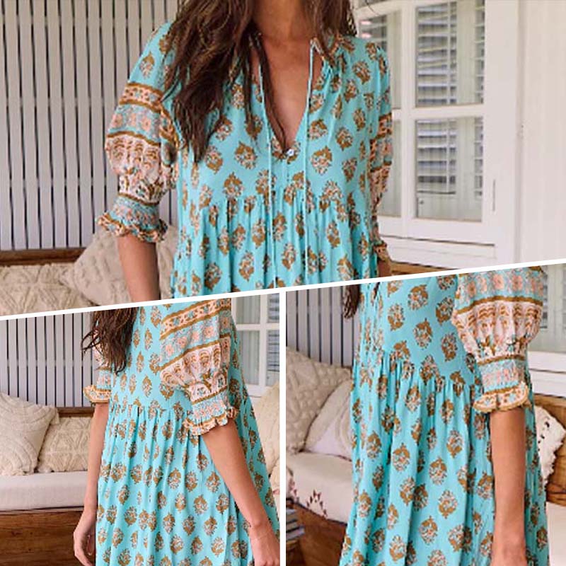 Boho Floral V Neck High Waist A-Line Swing Dress pentagow