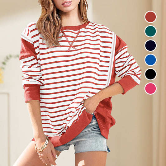 Stylish Round Neck Striped Colorblocking Tops pentagow