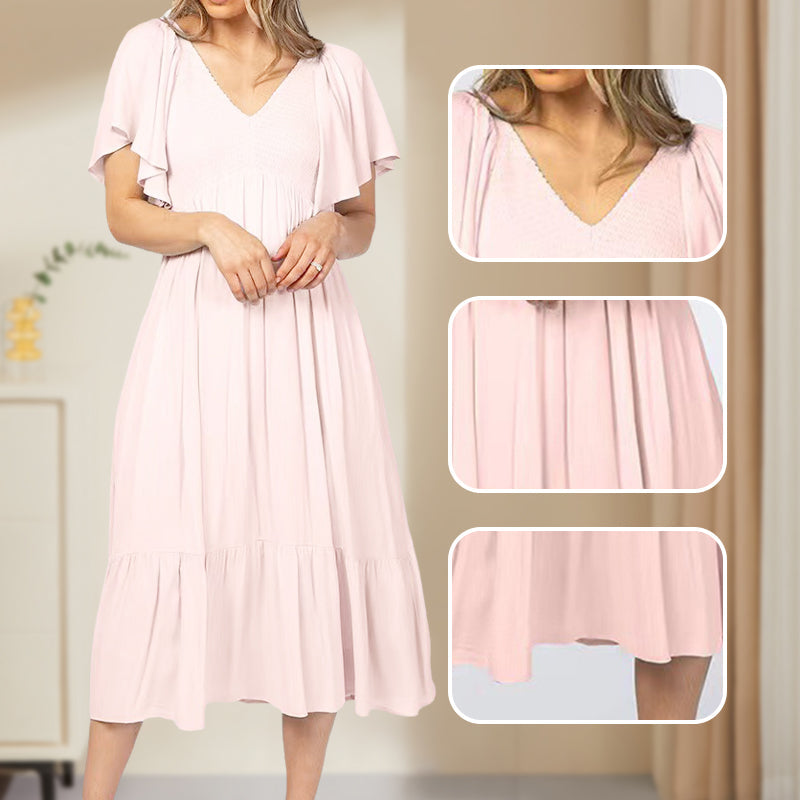 Fashion Casual Ruffle Sleeve V-Neck Pleated Dress pentagow