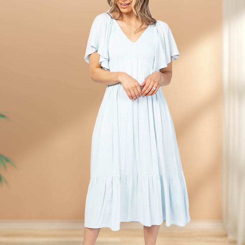 Fashion Casual Ruffle Sleeve V-Neck Pleated Dress pentagow